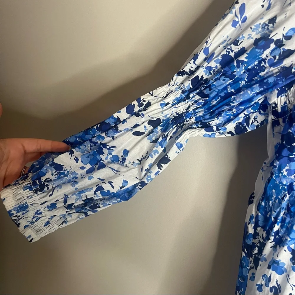 Tuckernuck Blue and White Floral Smocked Square-Neck Blouse
